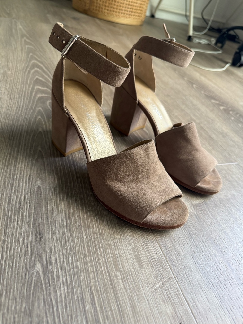 Stuart Weitzman Taupe Suede Block Heel Sandals with Ankle Strap